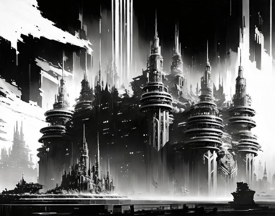 Monochrome futuristic cityscape with skyscrapers and vertical light beams