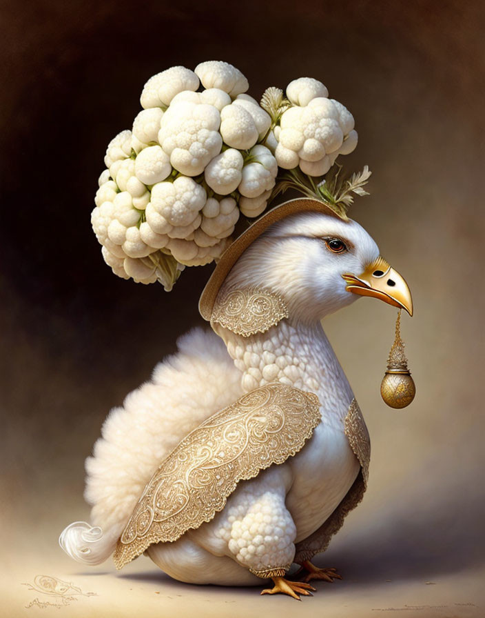 Surreal bird illustration with cauliflower plumage and ornate feathers