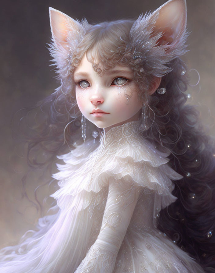 Fantastical character with cat-like ears in white dress and jewelry