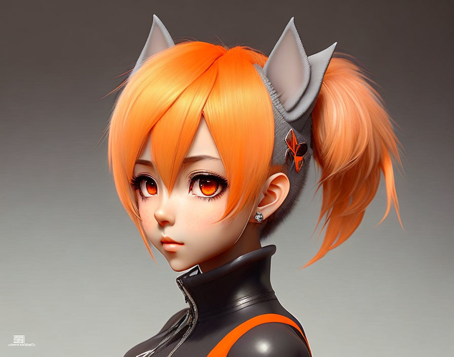 Orange-Haired Female Character 3D Illustration with Cat Ears and Amber Eyes