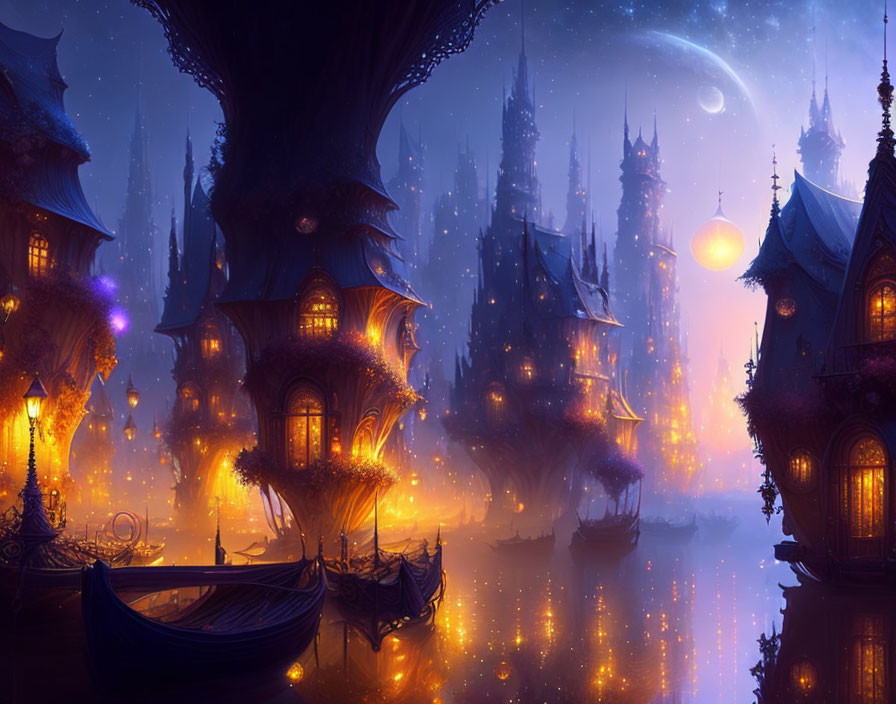 Ethereal fantasy night landscape with glowing architecture and tranquil waterway