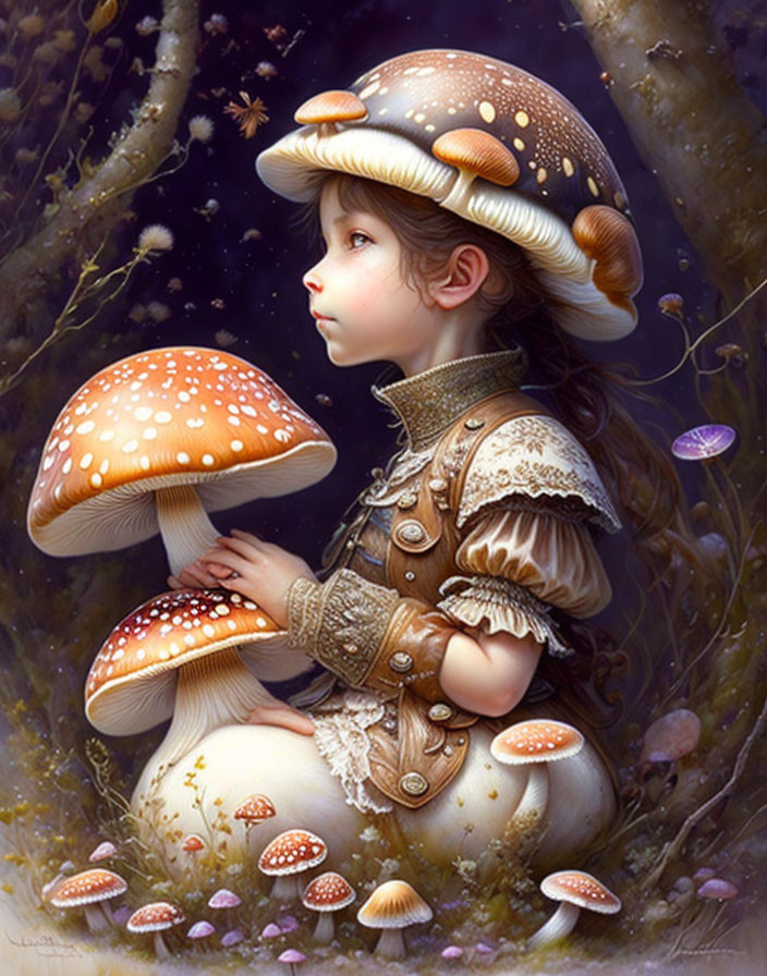 Child with mushroom cap features in enchanted forest setting among toadstools