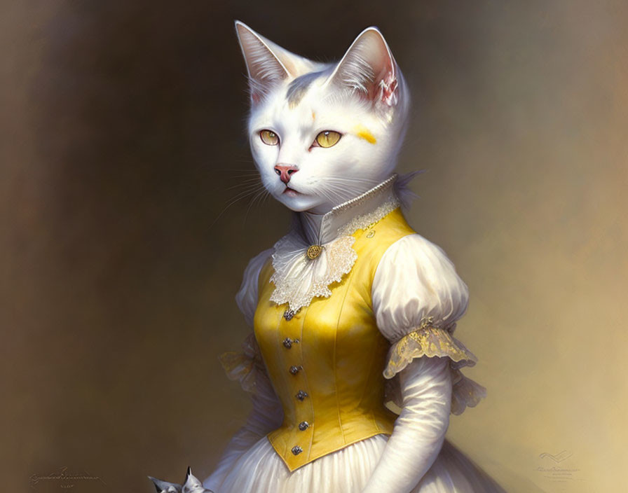 White Cat in Yellow Dress with Lace Collar and Yellow Accents