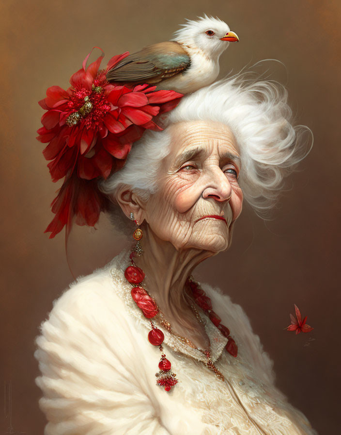 Elderly woman with white hair, bird on flower, red jewelry