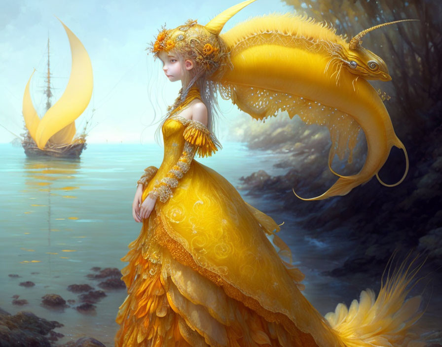 Fantasy Artwork: Woman in Yellow Dress with Dragon & Ships