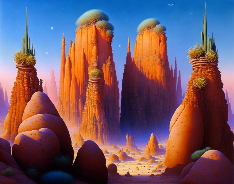 Alien landscape with orange rock formations and sparse green vegetation