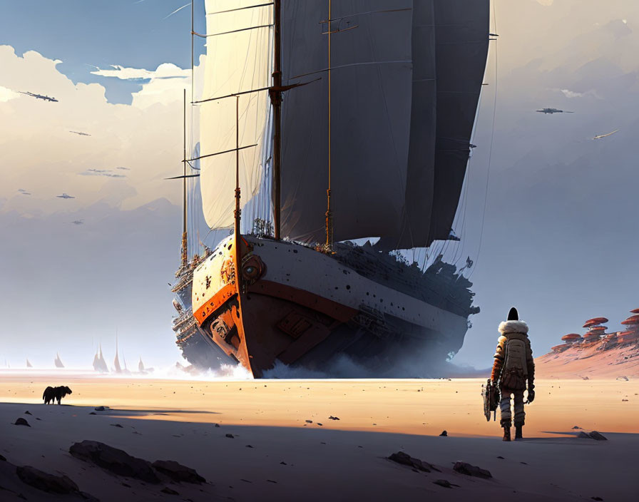 Person and dog walking towards stranded ship in desert landscape