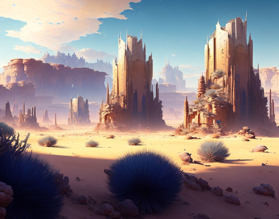 Fantastical desert landscape with towering spires and blue foliage