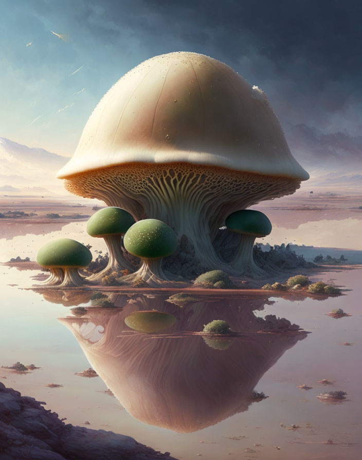 Digital artwork of giant mushroom structures in barren landscape with reflective water and shooting stars at dusk