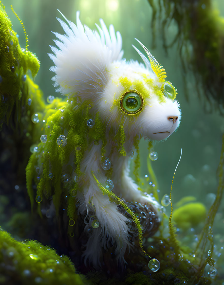 White Fluffy Creature with Green Eyes in Mossy Environment