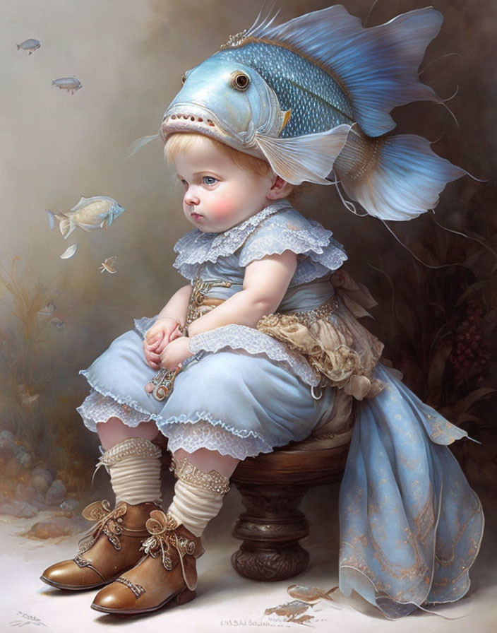 Surreal painting of toddler with fish head in vintage dress among underwater flora