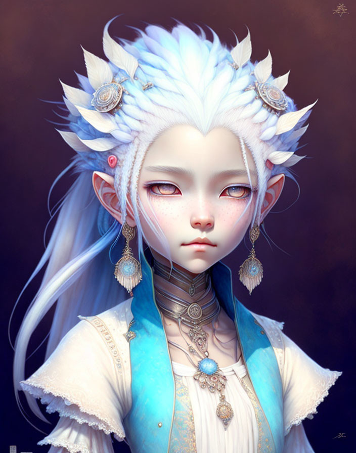 Fantasy illustration of character with white hair, animal-like ears, red eyes, elegant jewelry, blue