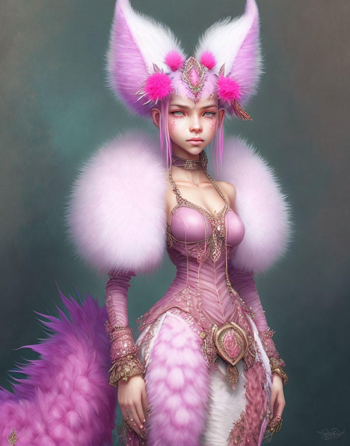 Fantasy character with pink and white fur, large ears, and mystical jewelry.