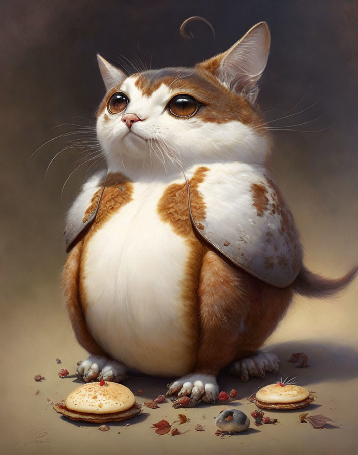 Brown and White Cat Illustration with Cloak Surrounded by Cookies