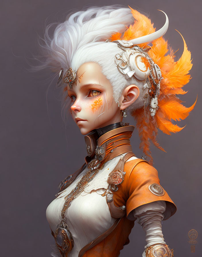 Fantasy character digital artwork with white hair, orange feathers, golden jewelry, and detailed armor