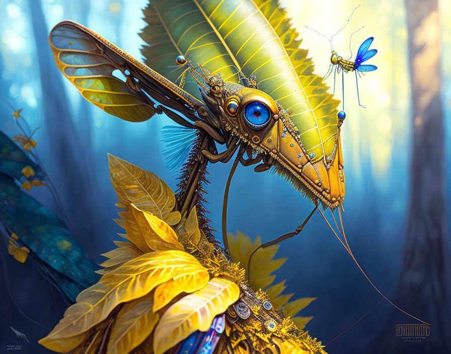 Steampunk mechanical dragonfly on sunflower in mystical forest