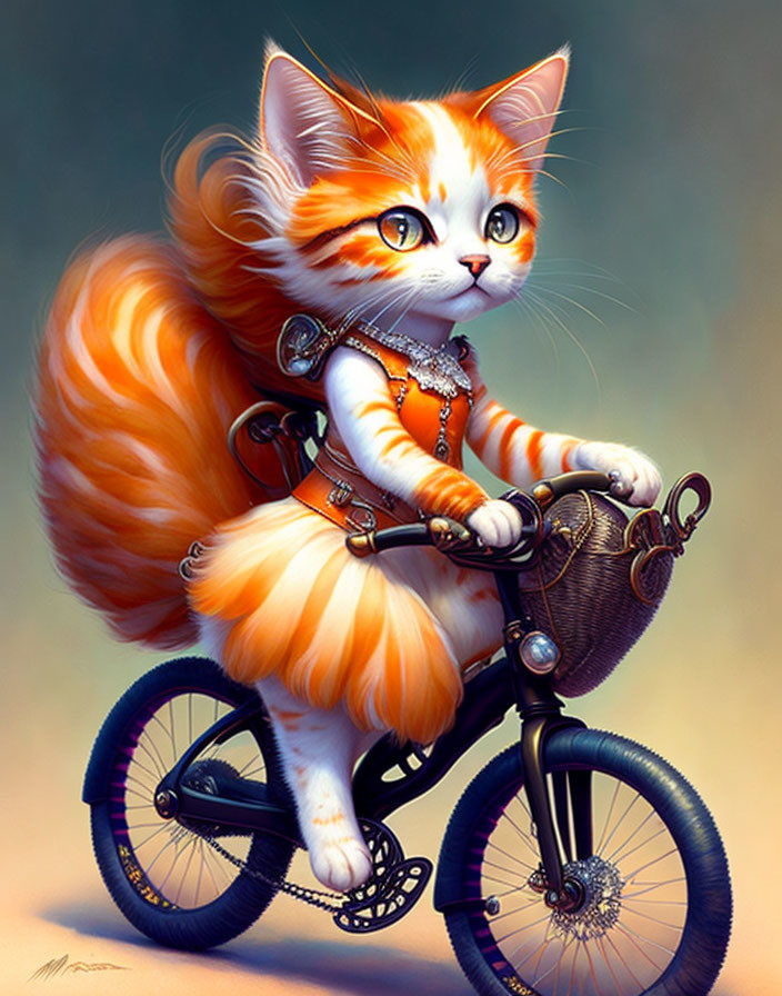 Orange and White Cat Riding Miniature Bike with Heart Collar