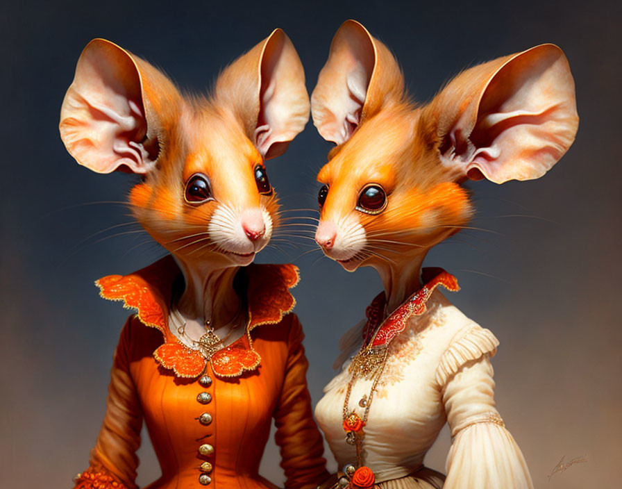 Anthropomorphic mice in elegant attire with oversized ears and detailed fur textures