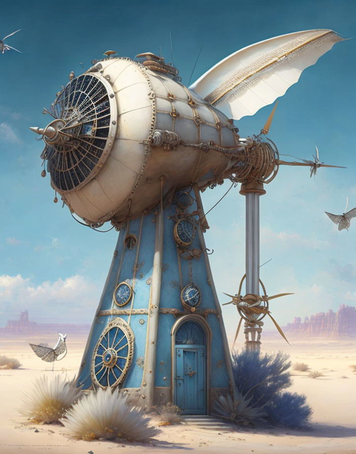 Steampunk-style airship with propeller and wings on tower in desert landscape with mechanical birds.