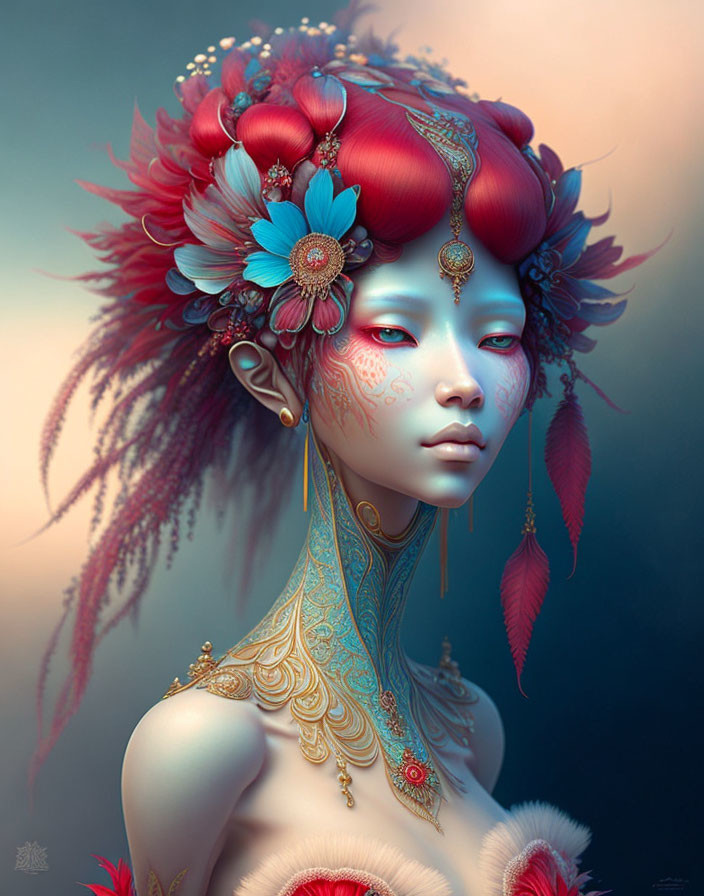 Elaborate red and blue floral headgear on female digital artwork