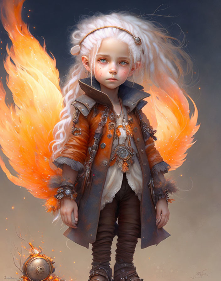 Child with white hair and fiery wings in steampunk attire and mechanical orb