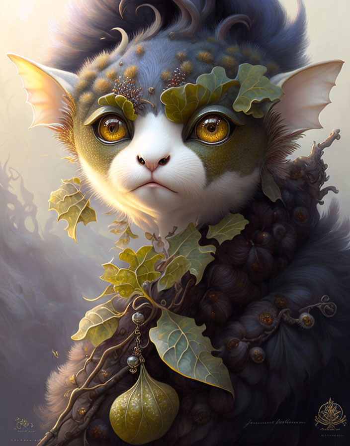 Fantasy creature with cat-like features and leaf-themed adornments.