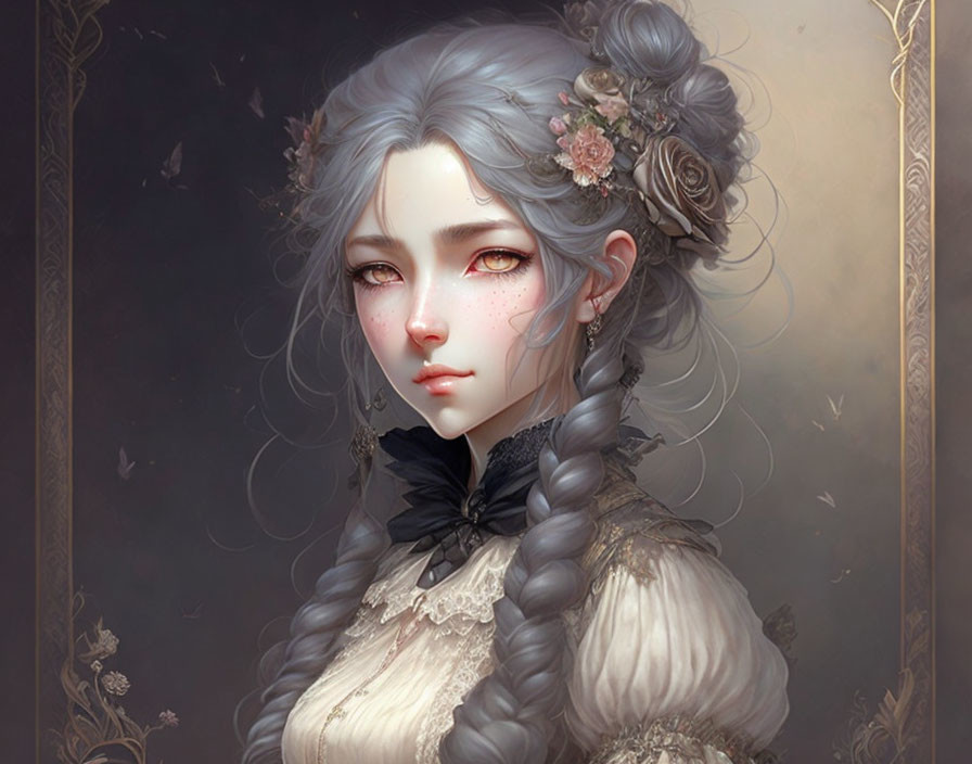 Illustrated female with grey braided hair and floral adornments on moody backdrop.