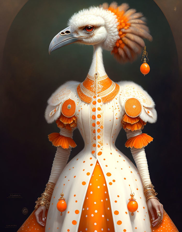 Elegant anthropomorphic bird in orange and white attire