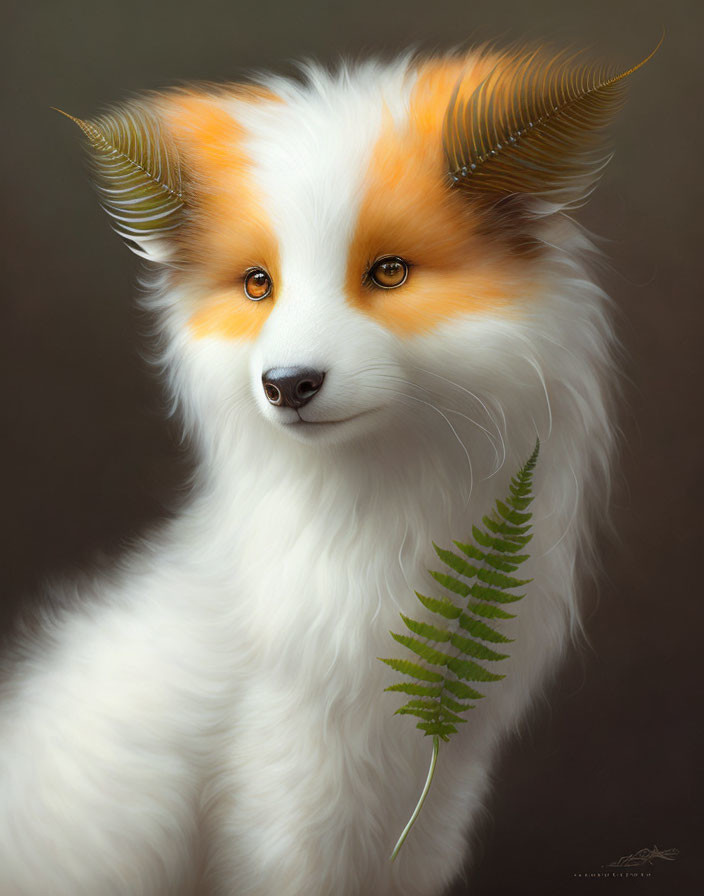 Illustration of white and orange fox-like creature with fern-like ears holding green leaf