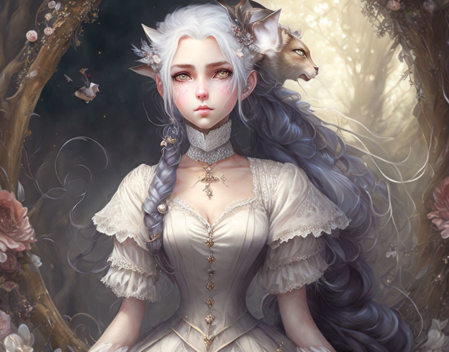 White-haired woman with fox features in Victorian dress in mystical forest