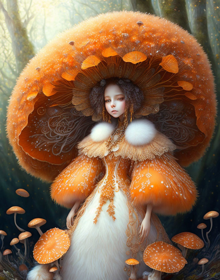 Woman with Mushroom-Like Features and Forest Floor Gown