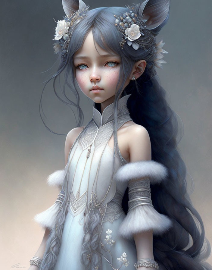 Fantasy character illustration with blue cat ears and long hair in elegant dress