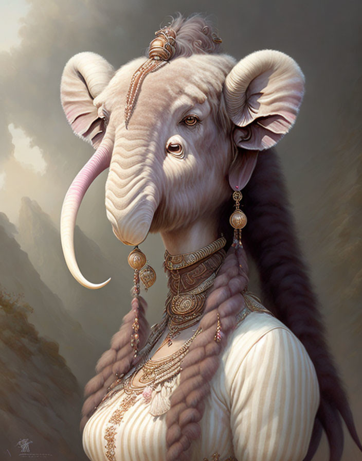 Elaborately adorned anthropomorphic elephant in misty setting