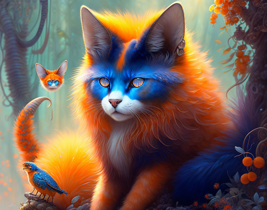 Colorful Fluffy Cat in Whimsical Forest with Bird & Flying Creature