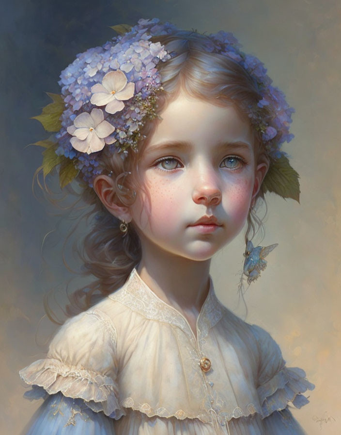 Portrait of Young Girl with Floral Wreath and Butterfly: Soft Lighting and Delicate Features