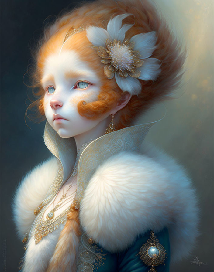 Fantasy creature with feline appearance, blue eyes, golden jewelry, white fur collar, blue garment