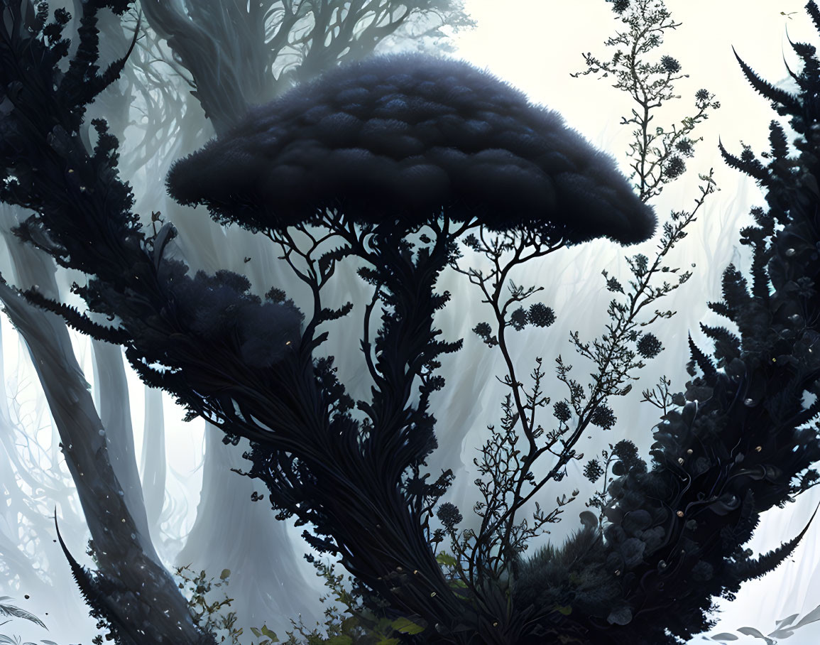 Dark forest scene with towering trees and oversized mushroom in misty ambiance