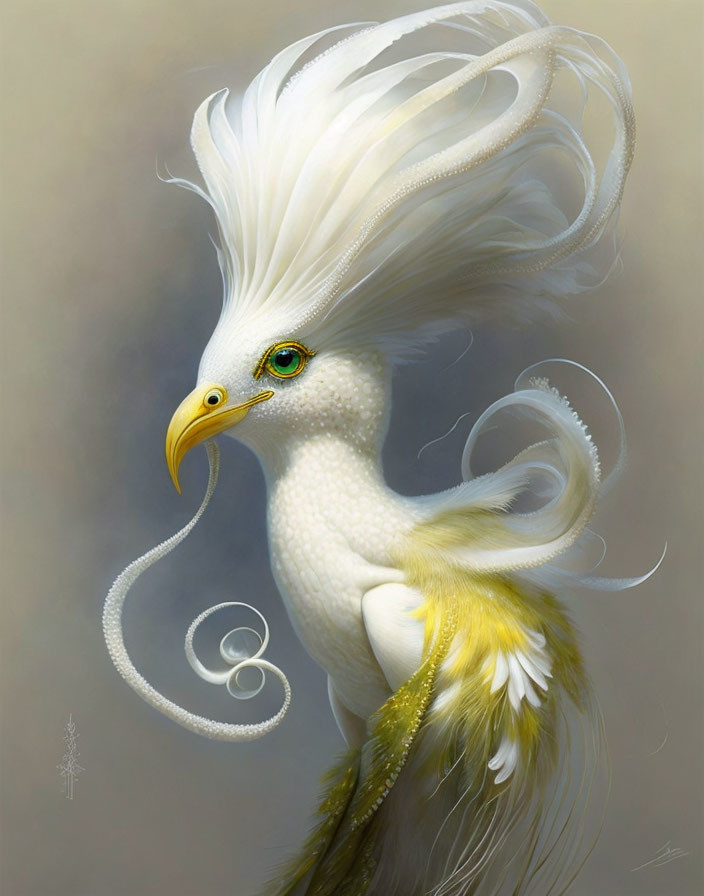 Majestic White and Yellow Bird with Long Plumage