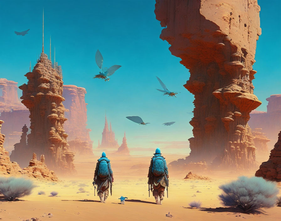 Alien riders in desert with rock formations and floating ships