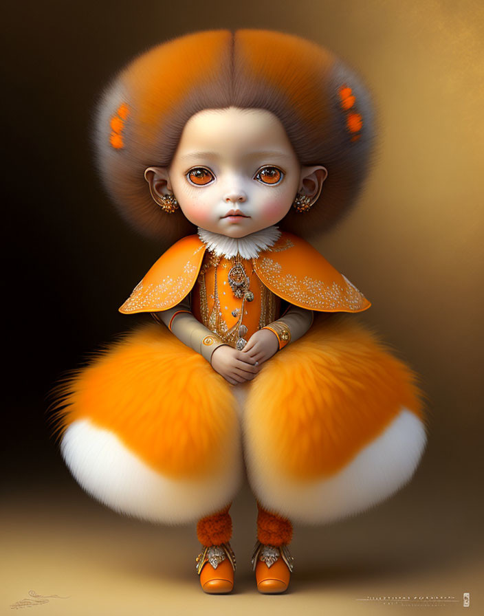 Stylized character with oversized orange and white hair, ornate outfit