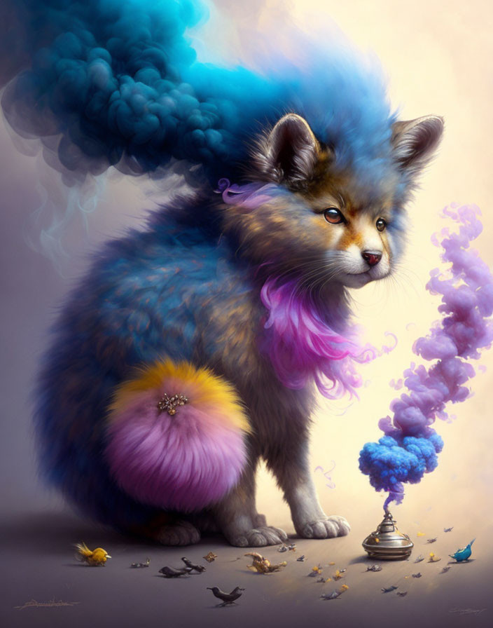 Colorful Fluffy Cat Illustration with Birds and Lamp