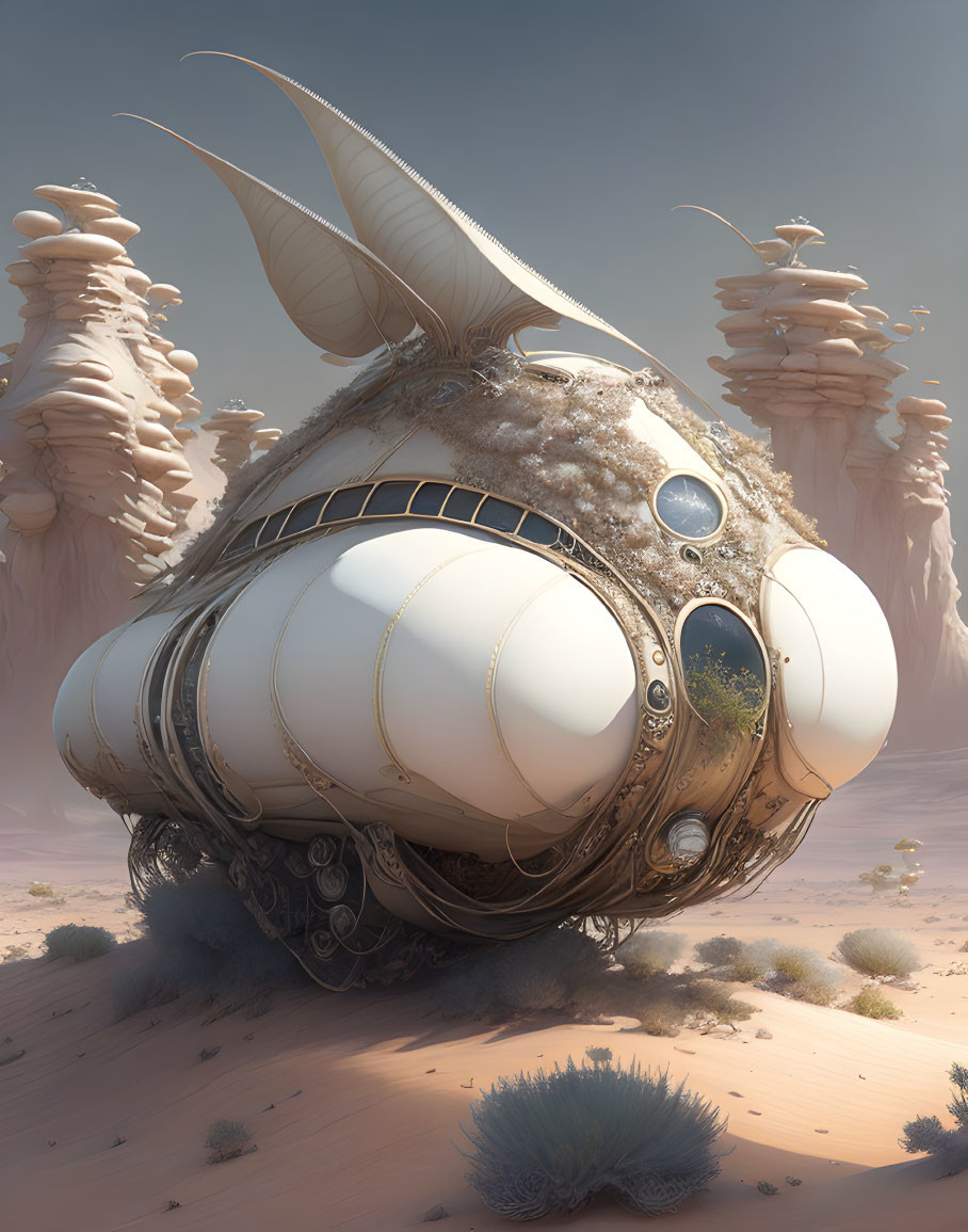 Whimsical fish-like airship in desert with ornate fins