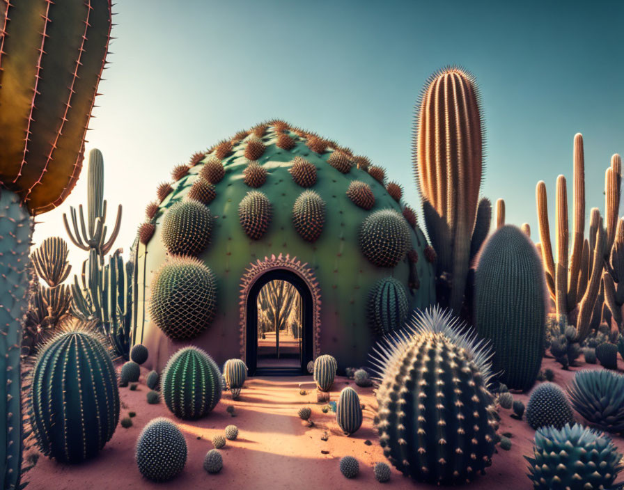 Whimsical desert landscape with oversized cacti and round cactus house.