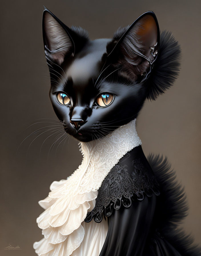 Anthropomorphic black cat with blue eyes in white and black lace attire