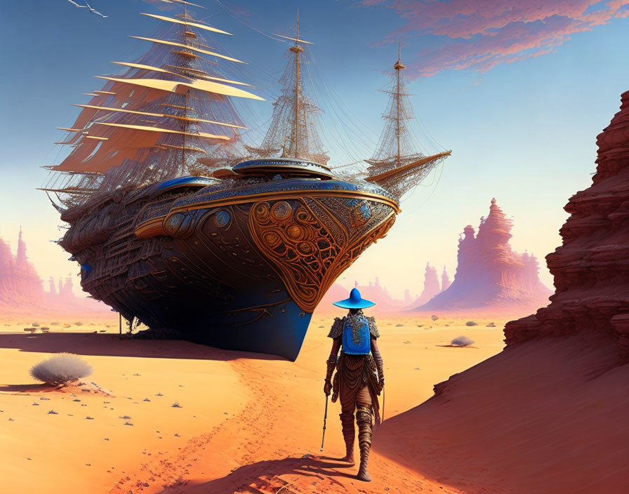 Futuristic western attire figure by grounded ornate sailing ship