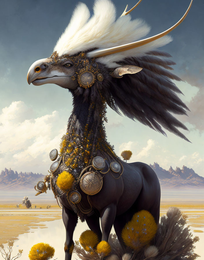 Majestic mythical creature with eagle head and horse body in ornate decoration, set in serene desert