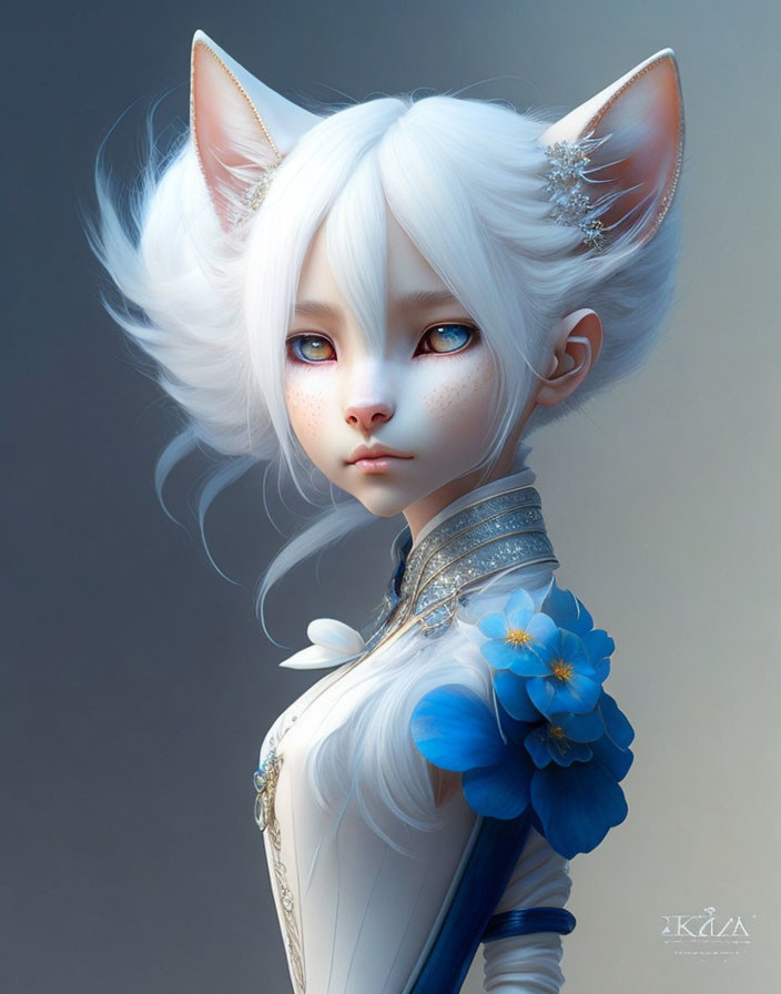 Anthropomorphic white cat digital art in fancy blue flower dress