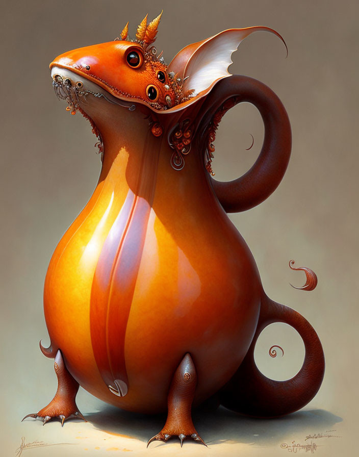 Whimsical creature with glossy orange body and bat-like wings