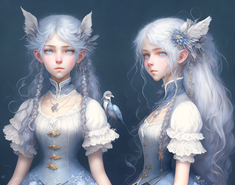 Ethereal female figures with feline ears in ornate blue and white clothing