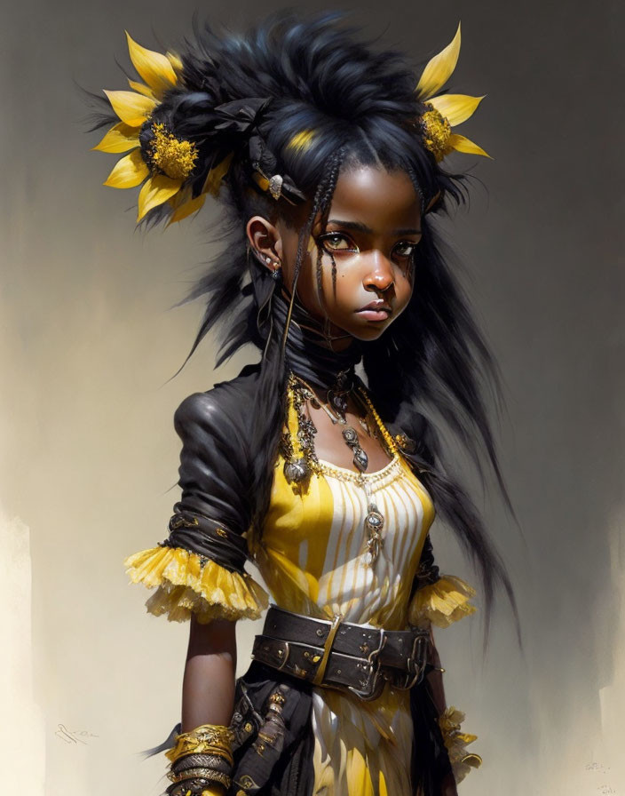 Illustration: Young woman with blue eyes in black and yellow striped outfit with feathers, belts, and